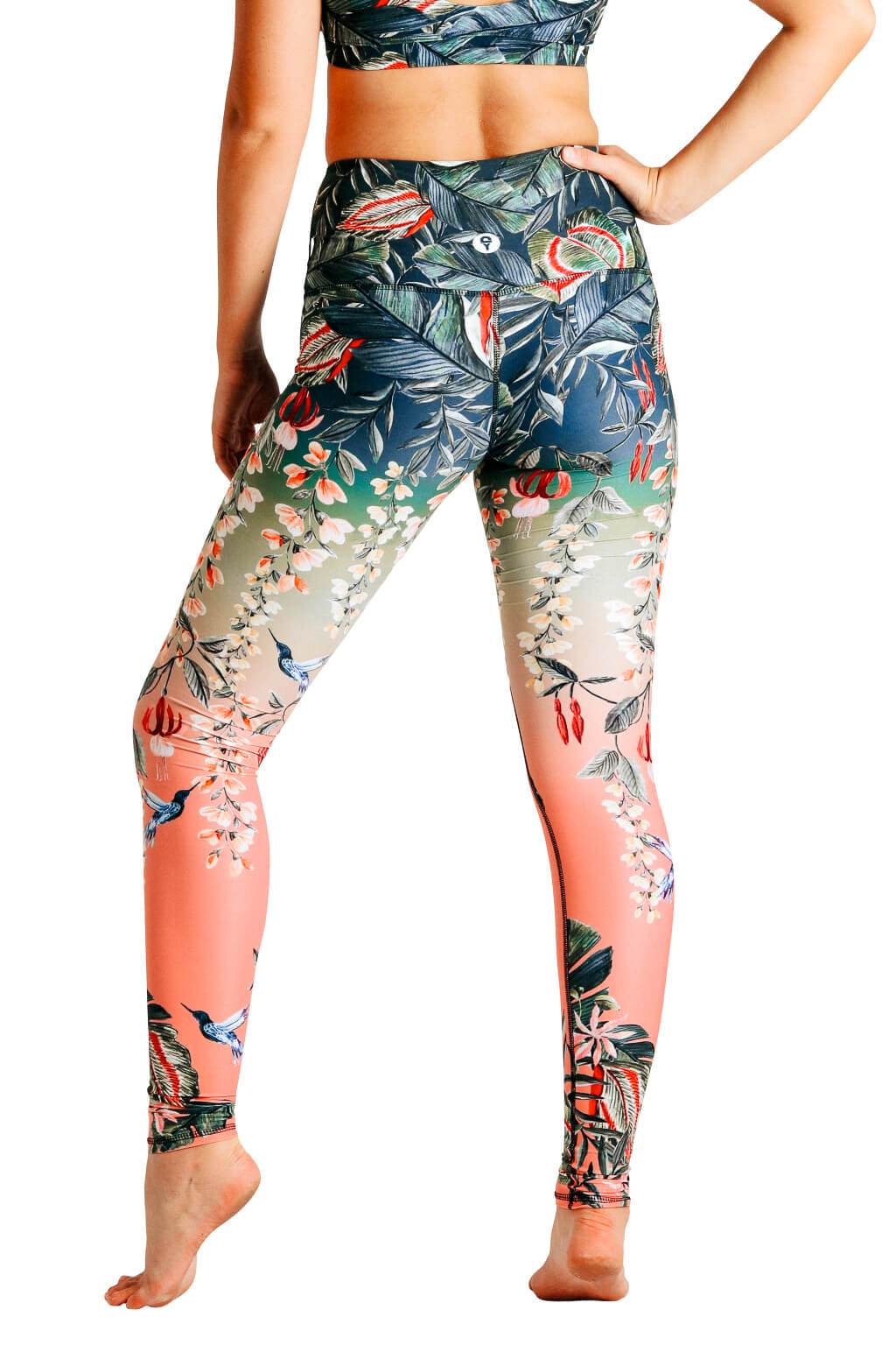 Yoga Democracy Women's Eco-friendly yoga full length leggings in Feeling Ferntastic green and pink fern floral print. USA made from post-consumer recycled plastic bottles. Sweat wicking, anti-microbial, and quick dry ultra-soft brushed fabric.