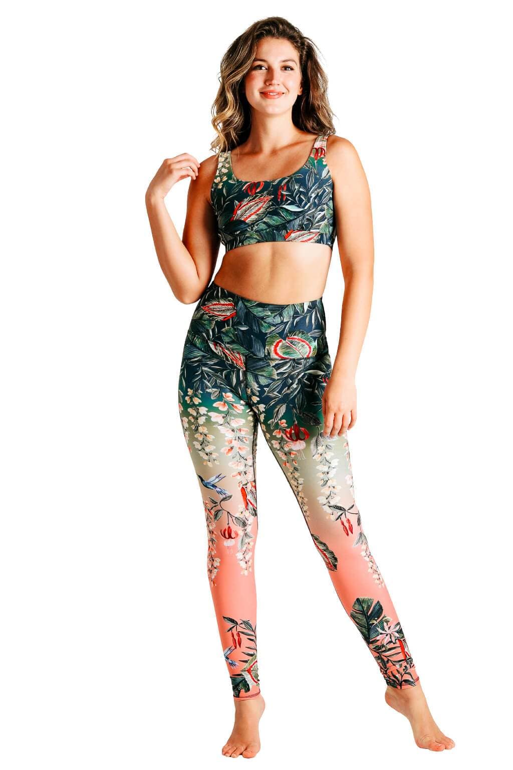 Yoga Democracy Women's Eco-friendly yoga full length leggings in Feeling Ferntastic green and pink fern floral print. USA made from post-consumer recycled plastic bottles. Sweat wicking, anti-microbial, and quick dry ultra-soft brushed fabric.