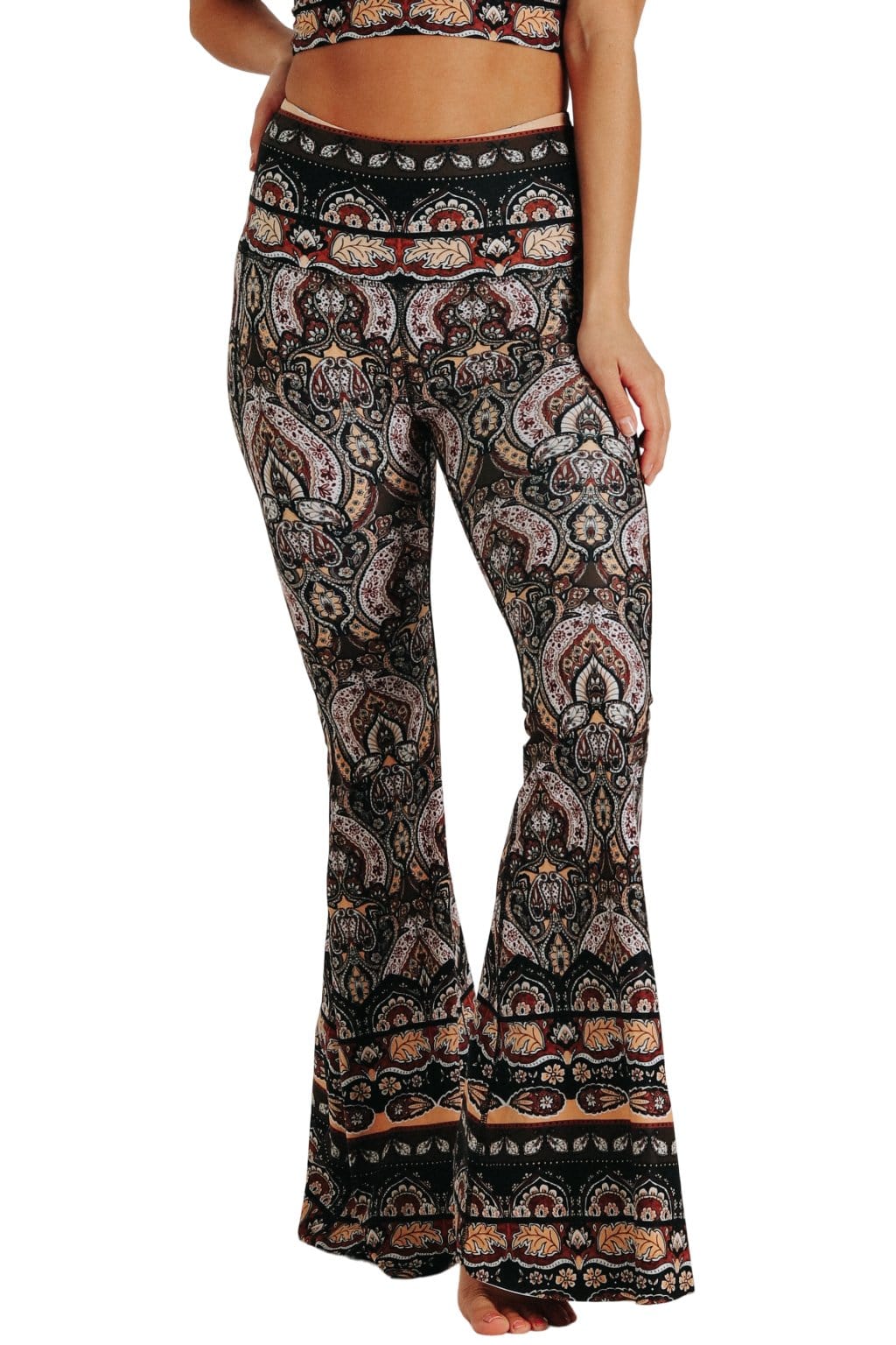 Yoga Democracy Women's eco-friendly bell bottom flare leggings printed in  Espresso Yourself