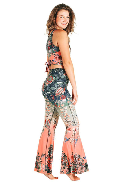 Yoga Democracy women's Eco-friendly bell bottom flare leggings in Feeling Ferntastic Fern green and pink floral print. USA made from post consumer recycled plastic bottles