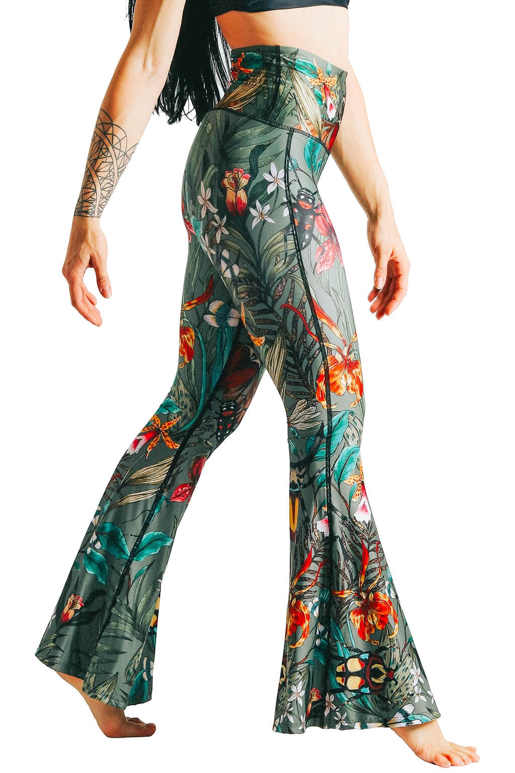 Yoga Democracy Leggings Green Thumb Printed Bell Bottoms