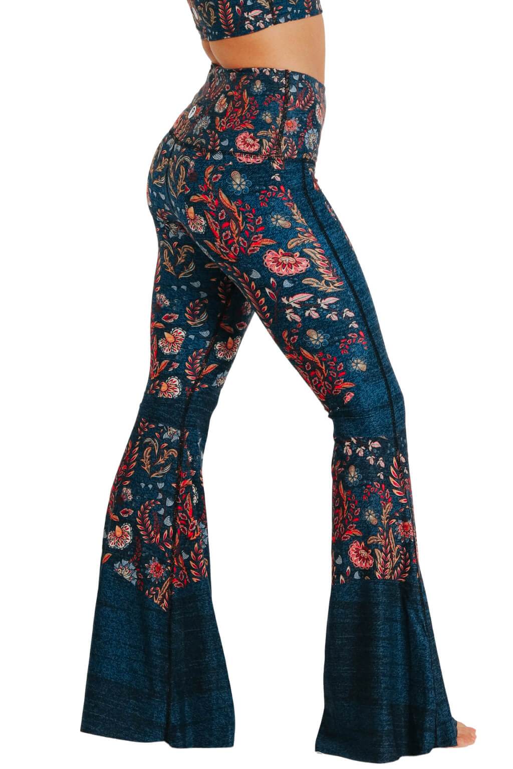 Yoga Democracy women's Eco-friendly bell bottom flare leggings in festival denim print. USA made from post consumer recycled plastic bottles