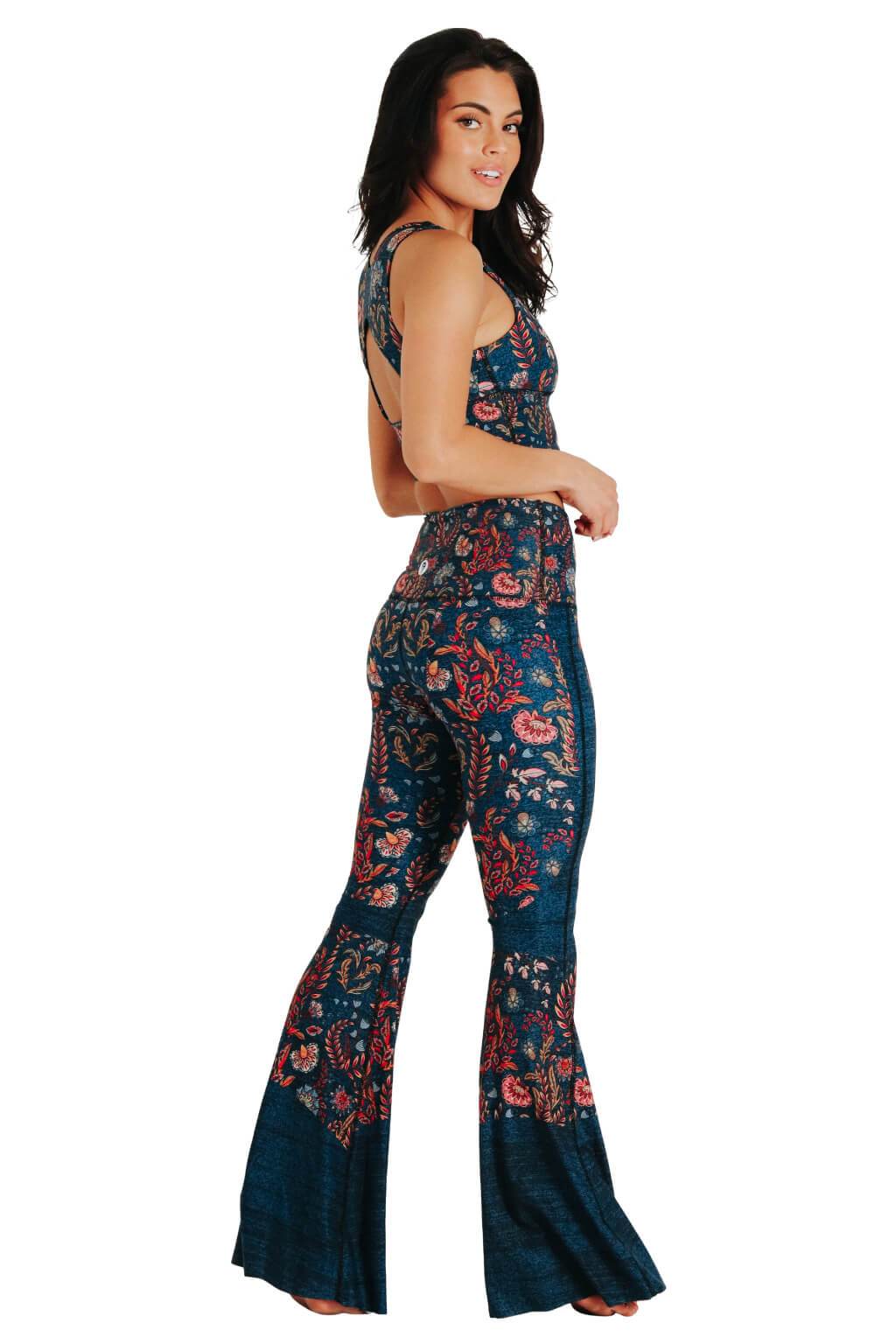 Yoga Democracy women's Eco-friendly bell bottom flare leggings in festival denim print. USA made from post consumer recycled plastic bottles