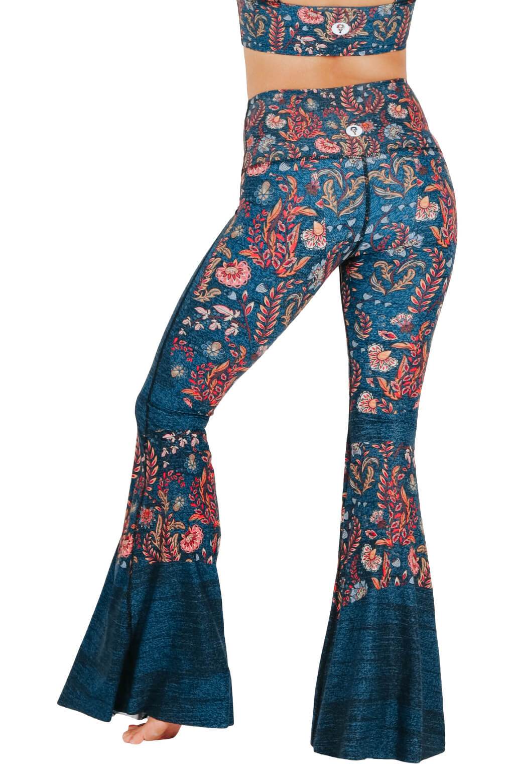 Yoga Democracy women's Eco-friendly bell bottom flare leggings in festival denim print. USA made from post consumer recycled plastic bottles