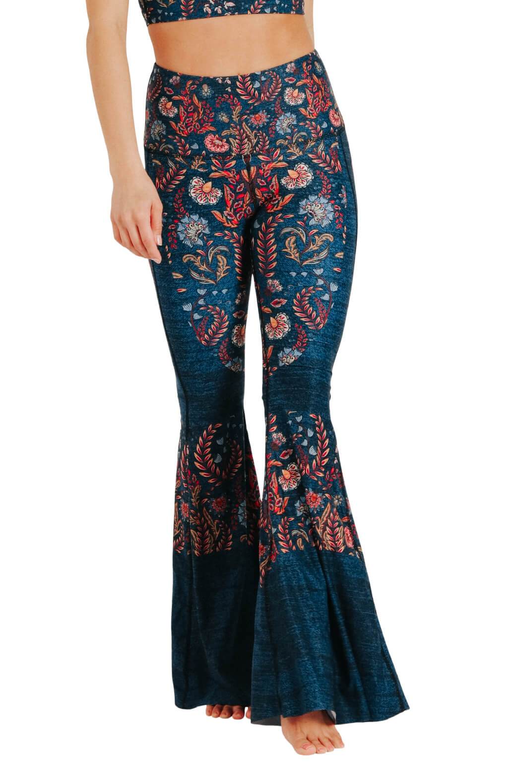 Yoga Democracy women's Eco-friendly bell bottom flare leggings in festival denim print. USA made from post consumer recycled plastic bottles