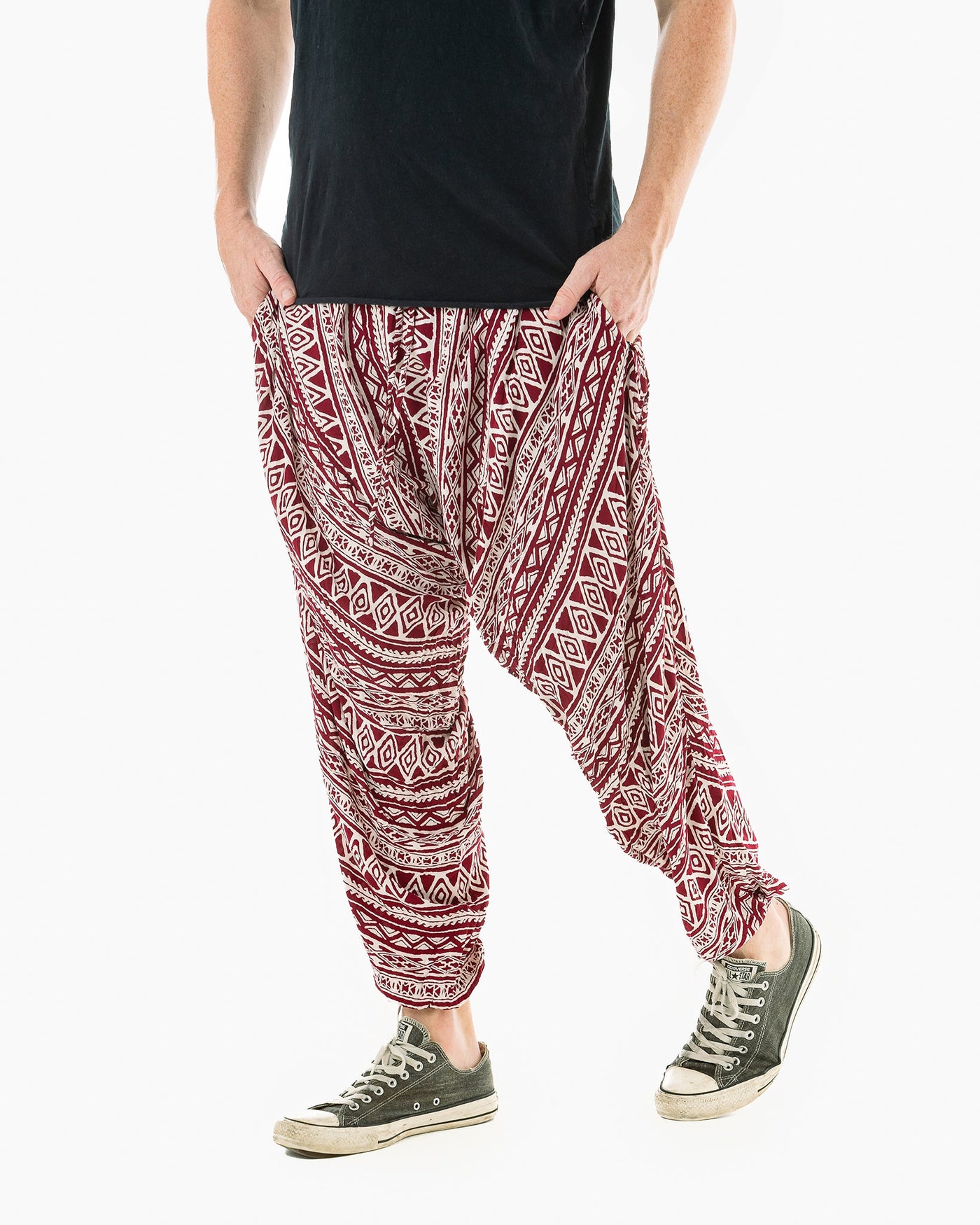 mens harem pants #color_red triangle tribal