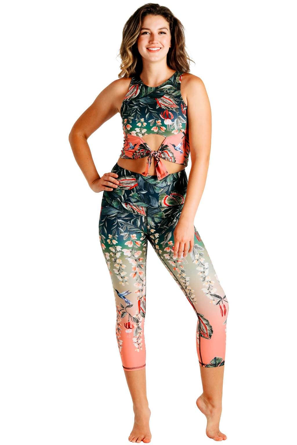 Yoga Democracy Women's Eco-friendly Reversible Knot yoga top in Feeling Fantastic green and pink fern floral print. USA made from post consumer recycled plastic bottles