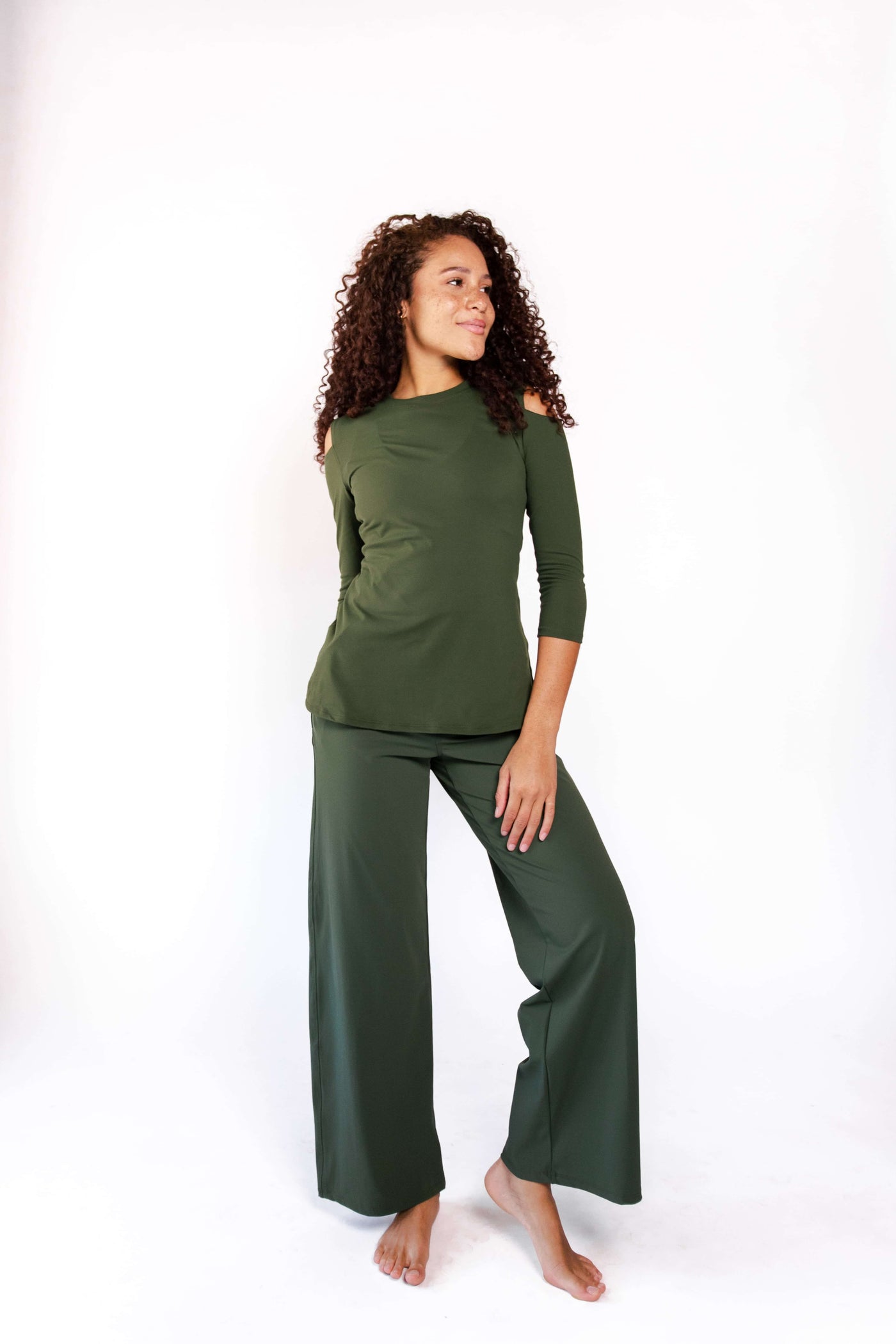 Open Shoulder Top in Forest Green front full