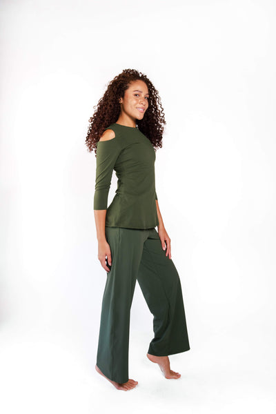 Open Shoulder Top in Forest Green front side