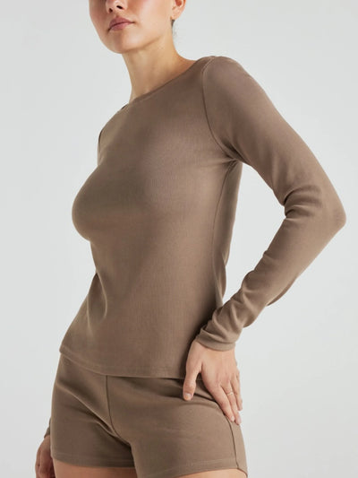 model wears light brown boat neck long sleeve