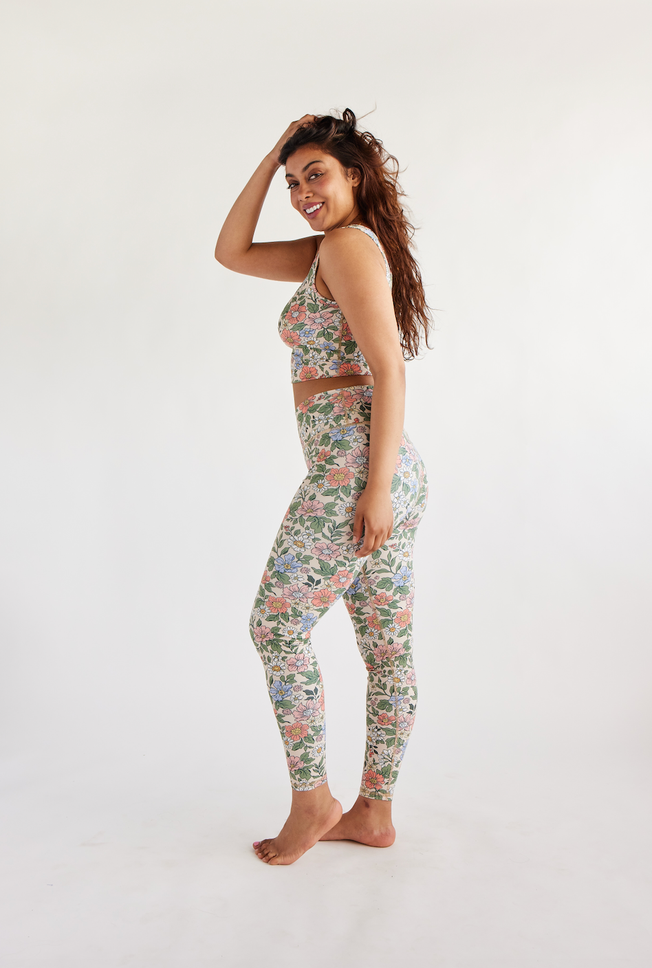 swaay, women's high waisted leggings, 82% recycled polyester, 18% spandex, floral print activewear