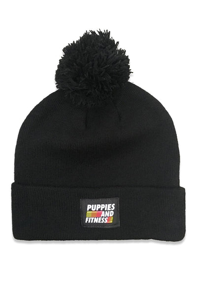 Puppies Make Me Happy Puppies & Fitness Pom Pom Beanie in Black